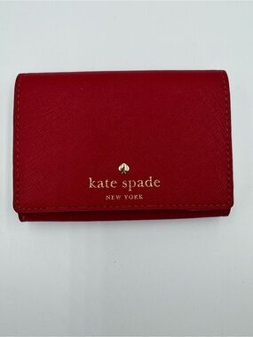 kate spade Red Leather Small Trifold Card Holder with Gold Logo